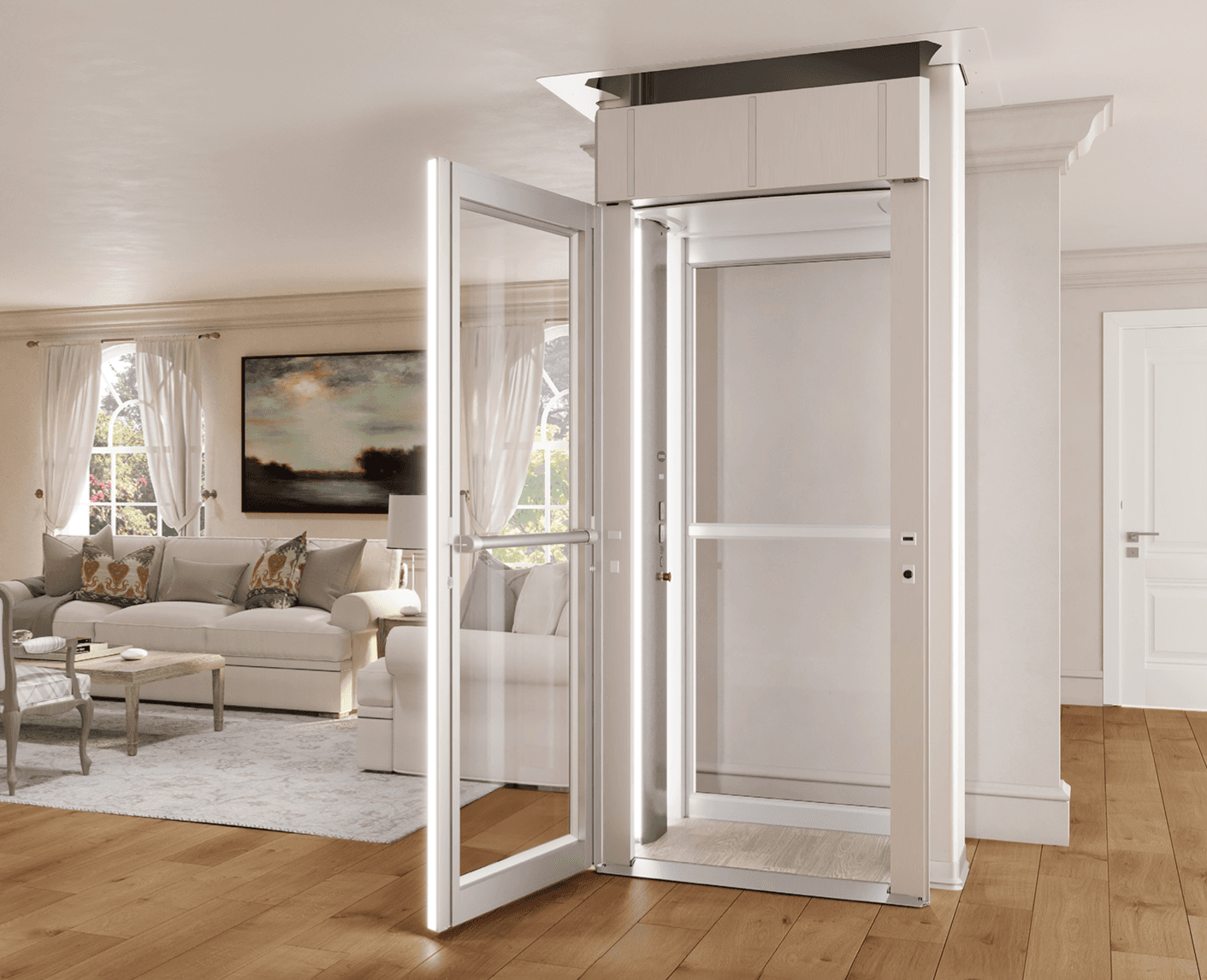 Ascenseur de maison vitré installé dans un salon