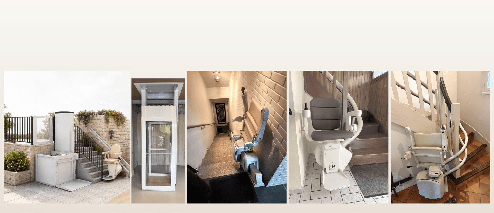 Illustration présentant une gamme de solutions d'accessibilité : plateforme extérieure, ascenseur de maison, monte-escaliers droits et courbes